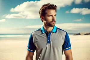 een Mens in een blauw en grijs polo overhemd staand Aan de strand. ai-gegenereerd foto