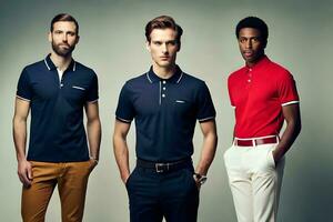 drie mannen in verschillend kleuren van polo overhemden. ai-gegenereerd foto