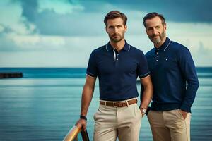 twee mannen in blauw polo overhemden staand Aan een dok. ai-gegenereerd foto