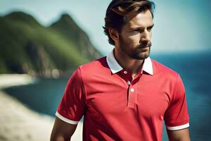 een Mens in een rood polo overhemd staand Aan de strand. ai-gegenereerd foto