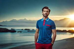 een Mens in een blauw polo overhemd en rood broek staand Aan de strand. ai-gegenereerd foto