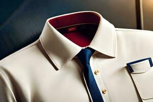 een wit overhemd met blauw stropdas en zak. ai-gegenereerd foto