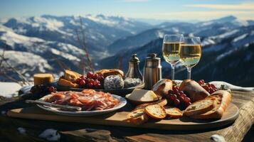 picknick ontbijt in de Alpen met kaas, ham, brood en wit wijn. foto