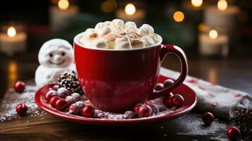 heet chocola rood kop met marshmallows en Kerstmis decoraties Aan houten tafel. foto