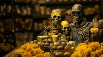 decoratie met familie schedels en geel bloemen in Mexicaans souvenir winkel in verhaal, Mexico. foto