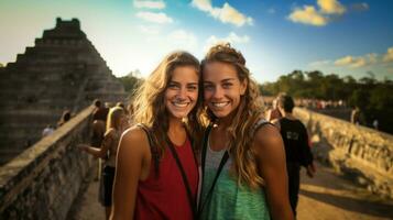 portret van twee gelukkig jong Dames op zoek Bij camera en glimlachen terwijl staand in voorkant van piramide in Yucatán, Mexico. foto