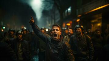 groep van demonstranten protesteren in de stad. menselijk rechten rally en gerechtigheid krijger concept. foto