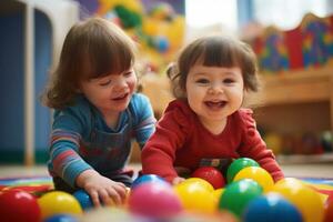 kinderen meisjes met naar beneden syndroom spelen samen in een kleurrijk speelkamer. vreugde en kameraadschap. vrienden samen. kinderjaren autisme. onderwijs van kinderen met handicaps. naar beneden syndroom ai gegenereerd foto