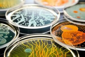 microscopisch landschappen gedetailleerd afbeelding van bacterieel kolonies Aan Petri gerechten foto