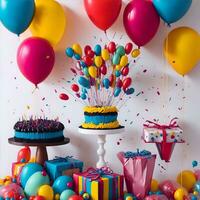 mooi gelukkig verjaardag achtergrond met ballonnen, taart met kaarsen door ai gegenereerd foto