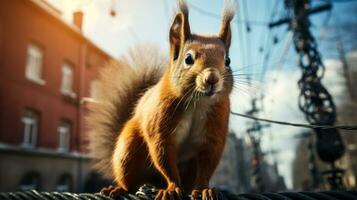 avontuurlijk eekhoorn doorkruisen stad via macht lijnen achtergrond met leeg ruimte voor tekst foto
