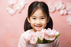 gelukkig moeders dag weinig Aziatisch meisje Holding tulpen Aan roze achtergrond foto