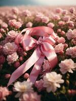 een roze lint verlichte door een helder licht omringd door bloemen foto