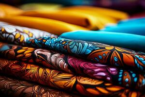 gedetailleerd dichtbij omhoog schoten van levendig batik kleding stof patronen Aan textiel achtergronden foto