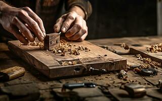 houtbewerking magie, handen, beitel, houten huis, krullen foto