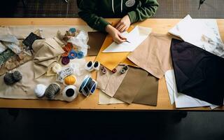 een jong persoon, een projecteren, en kleding stof Aan een tafel foto