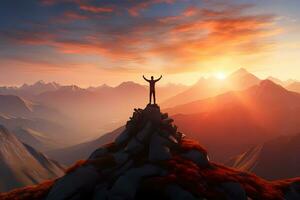 Mens staand Aan top van een klif Bij zonsondergang met zonlicht aan het kijken de mooi berg. prestatie succes concept. ai gegenereerd foto