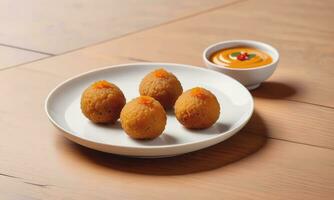 motichoor laddoo Aan houten tafel traditioneel Indisch toetje foto