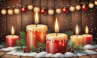 brandend kaars Kerstmis decoratie Aan houten achtergrond in vallend sneeuw en onscherp lichten achtergrond foto