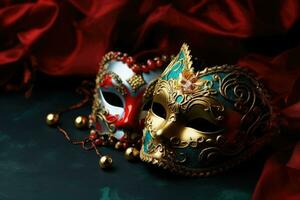 feestelijk Venetiaanse carnaval masker met goud decoraties Aan rood achtergrond. generatief ai foto
