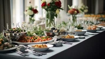 catering buffet voedsel binnen- in restaurant met gegrild vlees. ai generatief foto