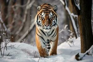 Siberisch tijger in een besneeuwd landschap. ai generatief foto