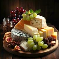 verschillend types van kaas Aan een houten bord. generatief ai foto