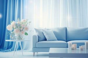 modern blauw leven kamer ontwerp met sofa en meubilair met bloemen.. generatief ai foto