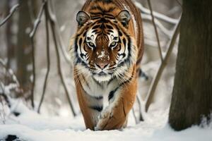 Siberisch tijger in een besneeuwd landschap. ai generatief foto