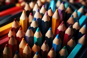 detailopname van veelkleurig houten potloden. ai generatief foto