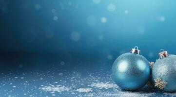 Kerstmis achtergrond met Kerstmis decoraties. blauw ballen en zilver sneeuwvlokken. ai generatief foto