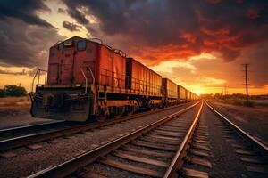 lading trein Bij zonsondergang. Internationale trein vervoer foto