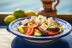 Grieks salade met feta kaas en olijf- olie Aan bord. Grieks gezond voedsel. generatief ai foto