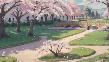 sakura tuin gedurende voorjaar tijd zichtbaar roman anime manga achtergrond behang foto