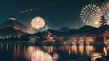 vuurwerk Aan een nacht lucht festival viering zichtbaar roman anime manga achtergrond behang foto