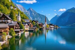 hallstatt dorp Aan de kust van hallstatt meer, Oostenrijk, hallstat dorp in de Oostenrijk. mooi dorp in de berg vallei in de buurt meer, ai gegenereerd foto