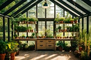 interieur van een modern kas met planten in potten Aan de vensterbank, kas met planten. binnen- tuinieren, ai gegenereerd foto