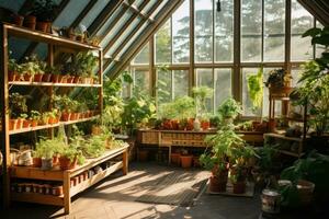 mooi interieur van een kas met planten in potten Aan de vensterbank, kas met planten. binnen- tuinieren, ai gegenereerd foto