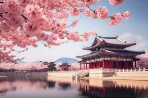 mooi gyeongbokgung paleis in seoel, zuiden Korea, gyeongbokgung paleis met kers bloesem boom in voorjaar tijd in Seoel stad van Korea, zuiden Korea, ai gegenereerd foto