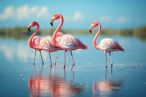 groter flamingo phoenicopterus roseus, gegrild vlees barbecue steak Aan houten snijdend bord met rozemarijn, ai gegenereerd foto