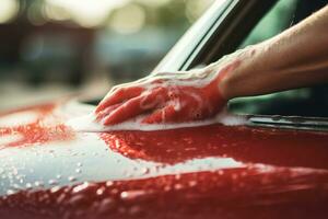 detailopname van een Mens het wassen een rood auto met een spons, hand- dichtbij omhoog auto schoonmaak. wassen de rood auto met zeep, ai gegenereerd foto