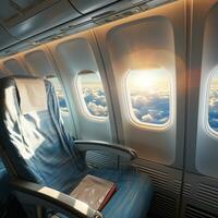reclame vliegtuig vlucht vervoer met passagier stoel interieur met leeg stoel object, bewolkt lucht visie van binnen venster. beeld van generatief ai foto