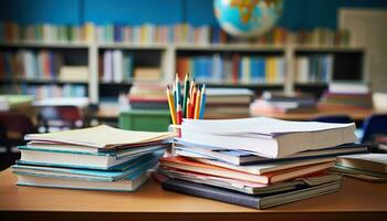 stack van boeken en potloden Aan de tafel. generatief ai. foto