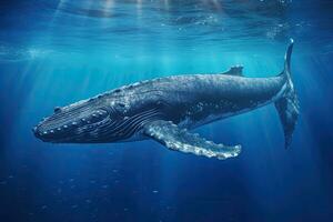 walvis in de blauw zee. onderwater- tafereel. 3d weergave, gebochelde walvis zwemmen in diep blauw oceaan. onderwater- fotografie, ai gegenereerd foto