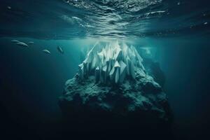 onderwater- visie van ijsbergen in de oceaan. 3d weergave, ijsberg met bovenstaand en onderwater- visie, ai gegenereerd foto