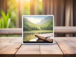 modern laptop computer Aan tafel met natuur achtergrond foto