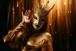 mysterieus vrouw vervelend gouden masker. genereren ai foto