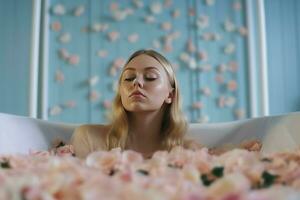 jong blond vrouw in bad vol van bloemen. genereren ai foto