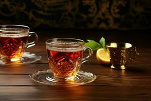 Turks thee in traditioneel glas Aan houten tafel achtergrond. genereren ai foto