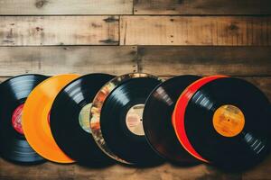 vinyl records en papier covers top visie. genereren ai foto